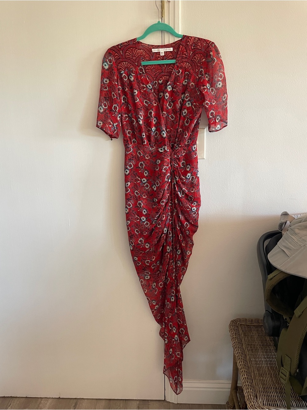 Veronica Beard Red Floral Asymmetrical Ruched Dress